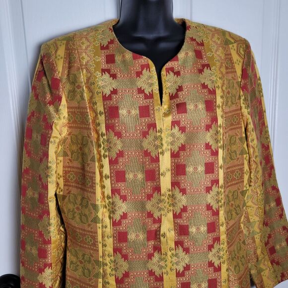 J McLaughlin Jacket 12 Gold Textured Mercerized Blazer Tapestry Statement Y2K - Picture 2 of 15